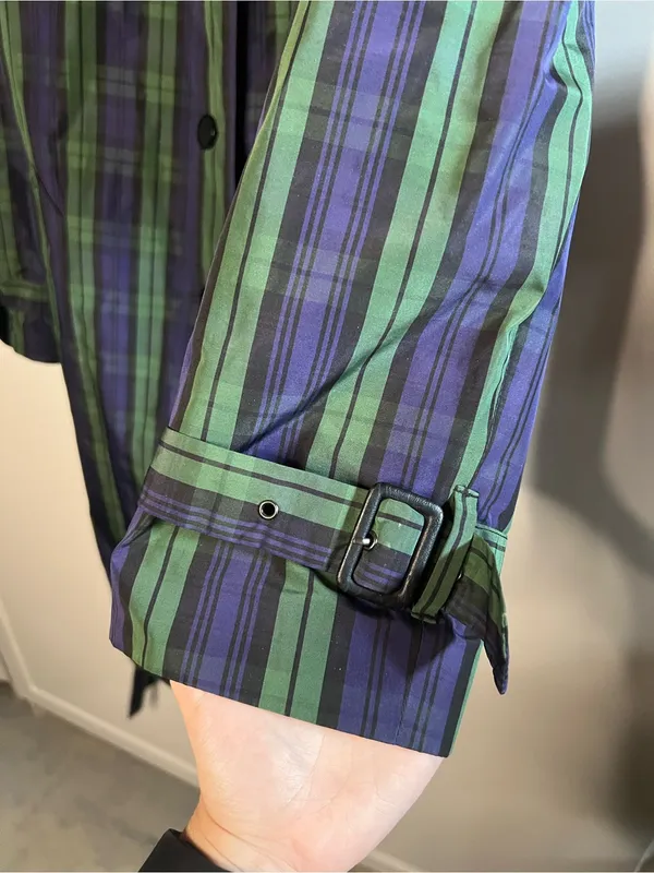 Vintage Jeffrey Banks Plaid Trench Coat Longline Belted Green Purple Size M - Image 11