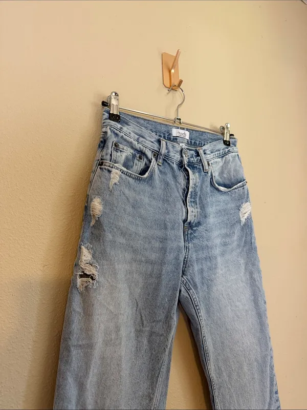 nuuds‎ Distressed Button Fly Raw Frayed Hem Straight Cotton Jeans Size 27 - Image 4