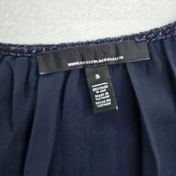 White House Black Market Navy Blue Metallic‎ Pleated Smocked Peplum Blouse Small - Image 6