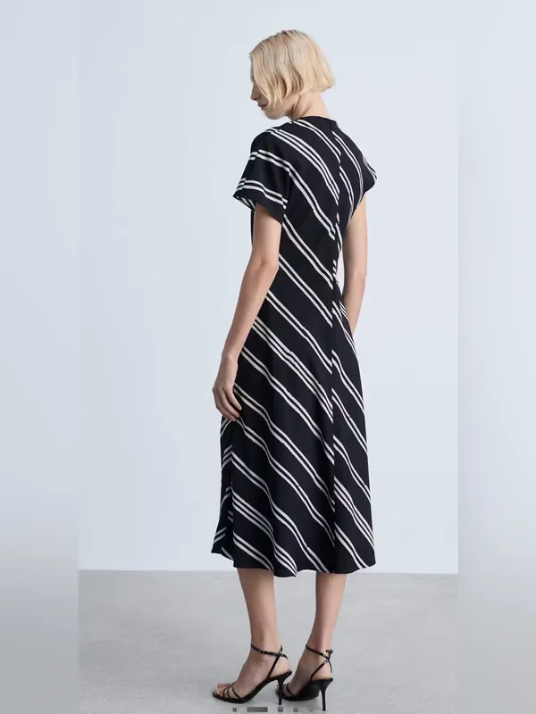 Mango Draped Striped Midi Dress Black White Italian‎ Fabric Size US 4-Small - Image 3