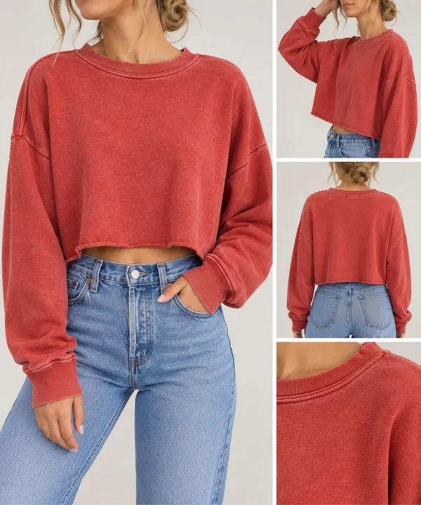 BDG Cropped Sweatshirt Medium Coral Red Raw Hem Oversized Pullover - Image 2