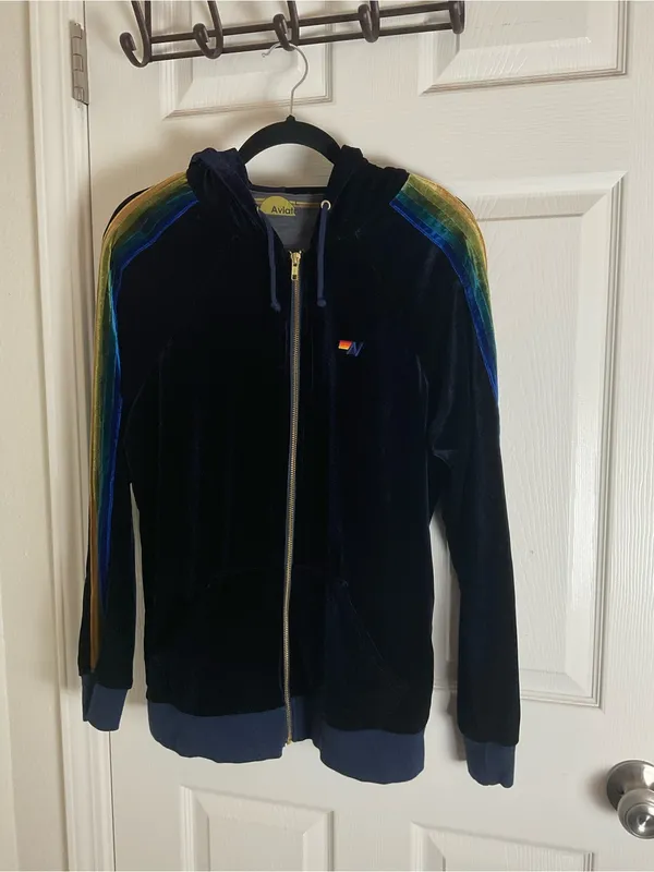 Aviator Nation Velvet Rainbow Stripe Zip-Up Hoodie Navy Blue Size Large - Image 3