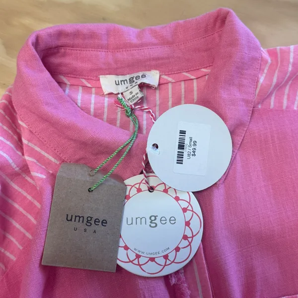 NWT Umgee USA Pink Linen Blend Striped Boho Frayed Hem Button Down Top Small - Image 6