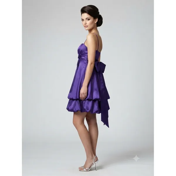 Rory vtg USA Purple Satin Bubble Hem Cocktail Dress Sweetheart‎ Back Bow Mini 6 - Image 2