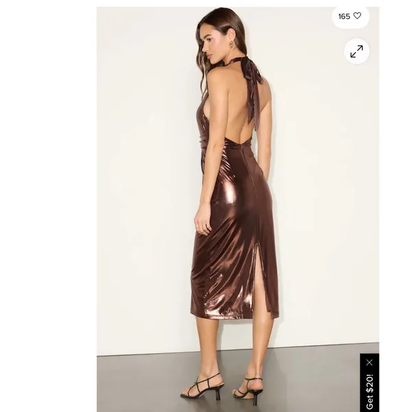 Lulus Lionette Dark Bronze Metallic Twist-Front Halter Midi Dress Size M - Image 2
