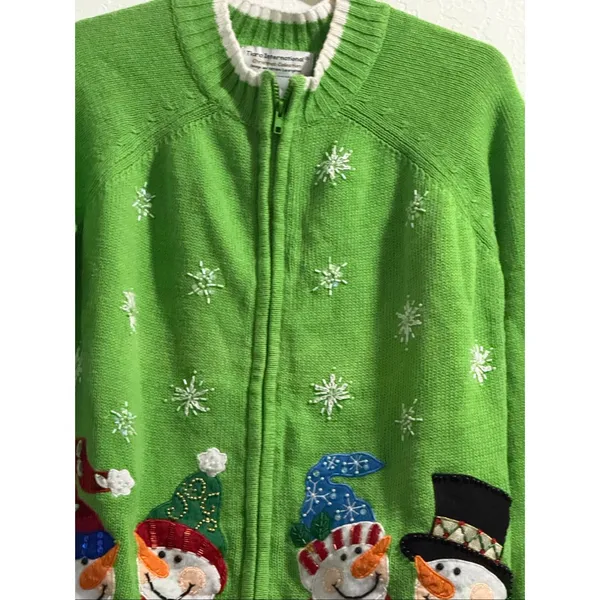 Tiara International Size M Green Christmas Sweater Snowmen Embellished Zip Front - Image 4