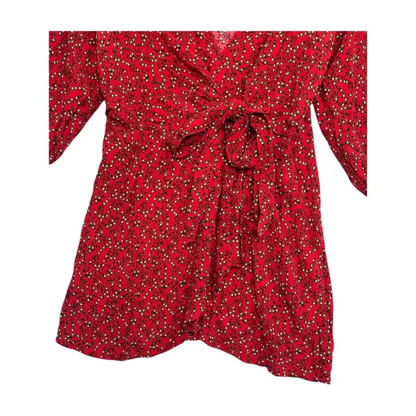 Free People Clara Dress Womens Extra Small Red Floral 3 4 Sleeve Tie Front Boho - Image 5