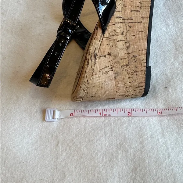 Black Patent Leather & Cork Wedge Heeled Sandals size 8 - Image 9