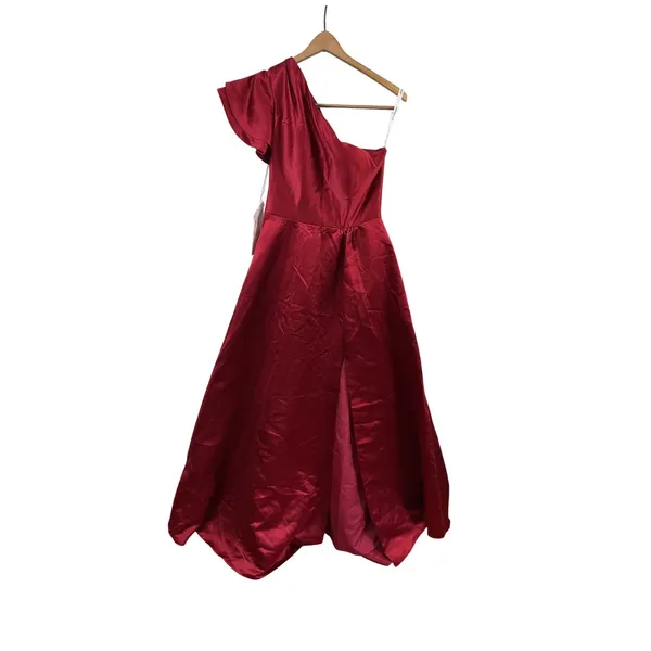 JJs House Burgundy Satin One Shoulder Ruffle Maxi‎ Gown Dress Pockets Size 4 NEW - Image 3