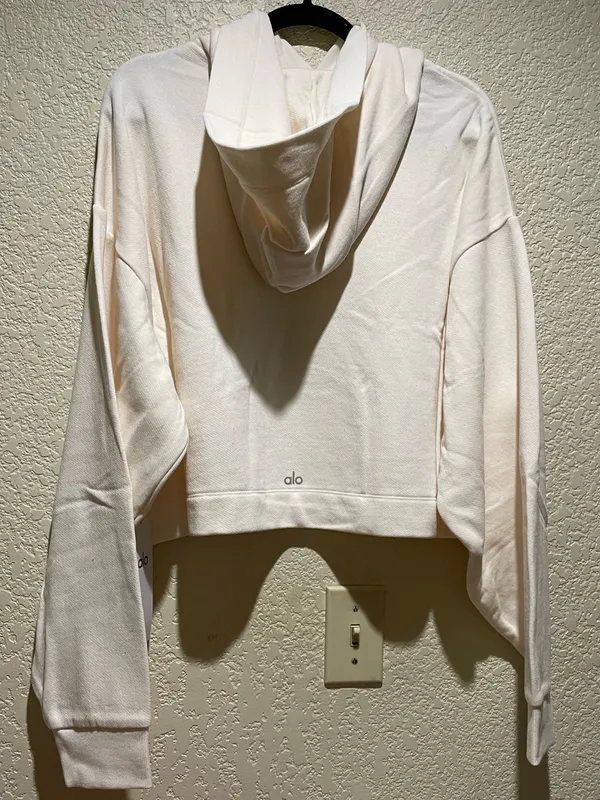 Alo NWT Bae Hoodie Ivory Cream Cropped Pullover Sweatshirt Size L - Image 6
