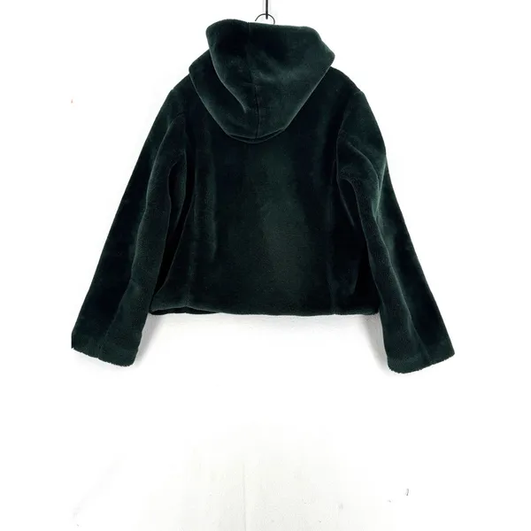 Forever 21 Faux Fur Hooded Jacket Women XL Dark Green Full Zip Lined Cozy Teddy - Image 2