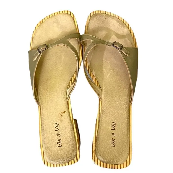 Retro Vis a Vie Gold Leather Wood Slide Sandals Size 9 - Image 2