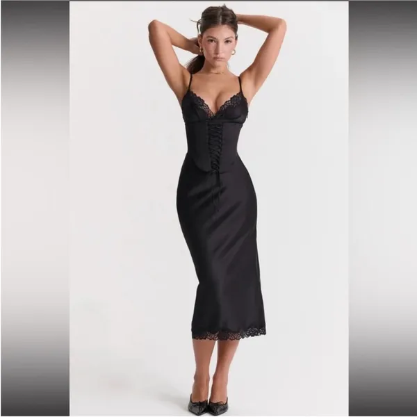 HOUSE OF CB 'Salma' Black Satin Slip Midi‎ Dress size XL - Image 11