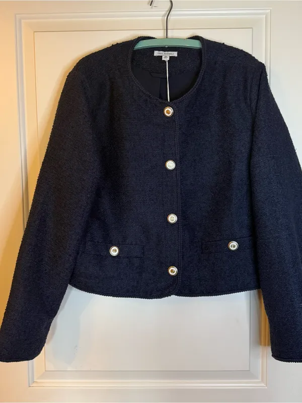 Free Assembly Nubby Collarless Crew Neck Jacket Size XL (16-18) Navy Blue - Image 3