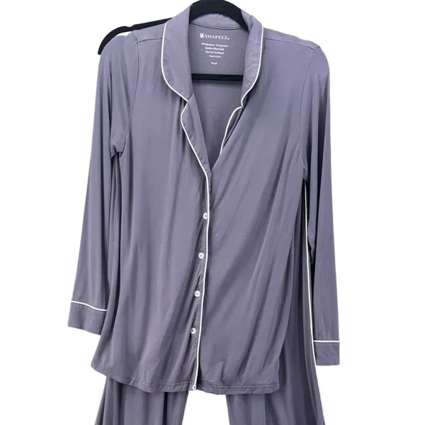 Shapeez Gray Bamboo Spandex Button Down Pajama Set Small Long Sleeve Wide Leg - Image 3
