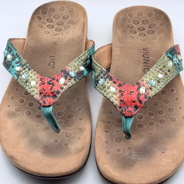 Vionic Lucia Flip Flop Women Size 11 Multicolor Snakeskin Rhinestone Orthotic - Image 7