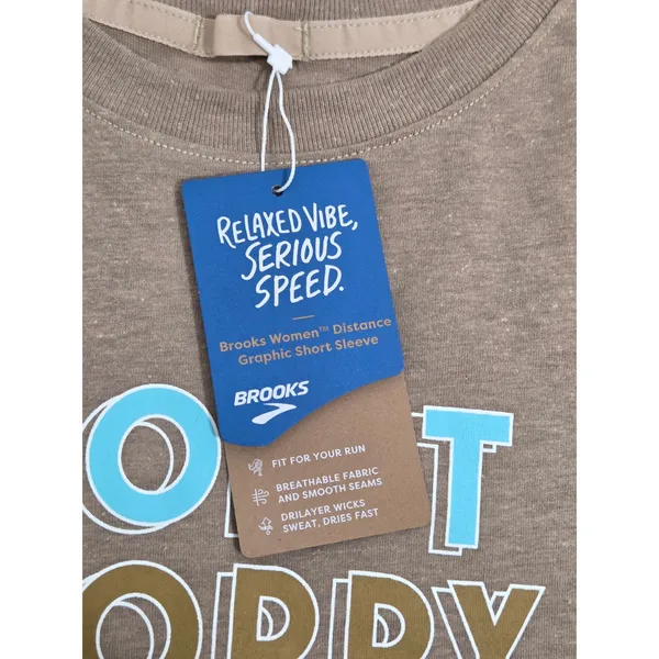 Brooks Distance Graphic Short Sleeve Shirt Heather‎ Oatmeal Run Happy. Size L - Image 9