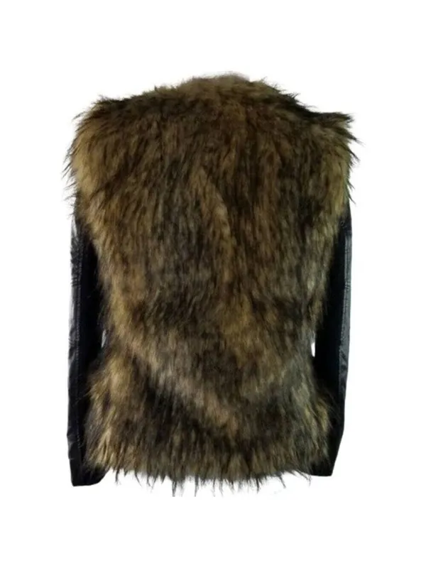 Bardot Womens Faux Fur Leather Long Sleeves Jacket Coat Black Tan Size 6 - Image 12