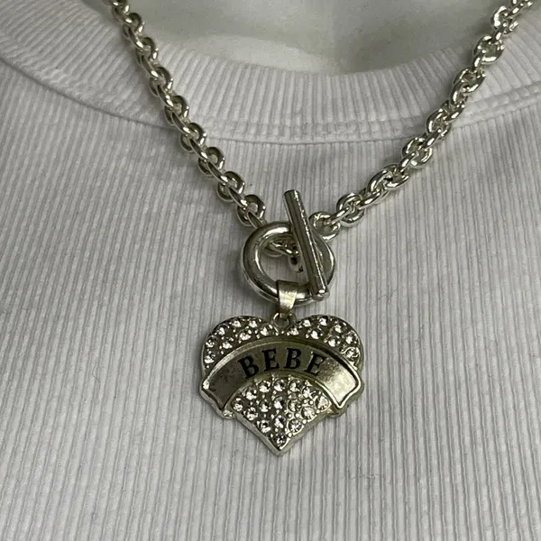 Bebe Necklace Glass Crystal Rhinestone Cast Silver Tone Chunky Heart Pendant 16” - Image 2