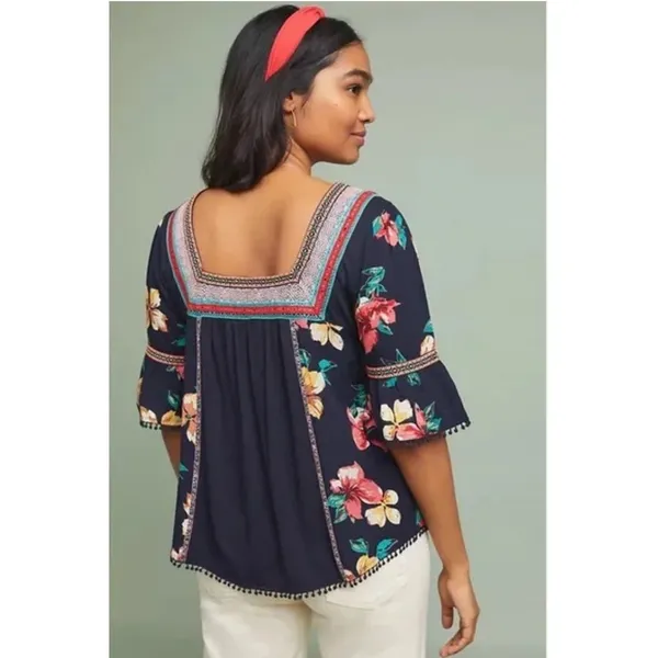By ANTHROPOLOGIE Dakota Floral Embroidered Top Blouse Peasant Square‎ Neck Large - Image 7