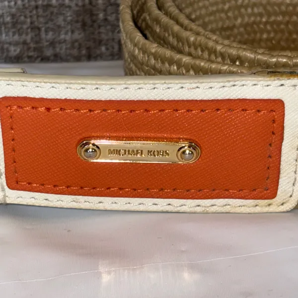 Michael Kors Woven Straw Belt Tan Orange White Leather Gold D-Ring Buckle 42" - Image 3