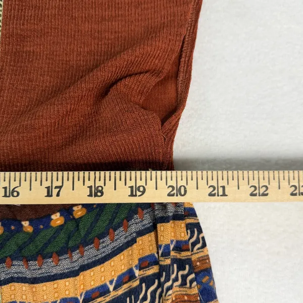 THML Womens XS Mixed Media Boho Patchwork Tassel Tie Ribbed Knit Top Rust Navy - Image 3