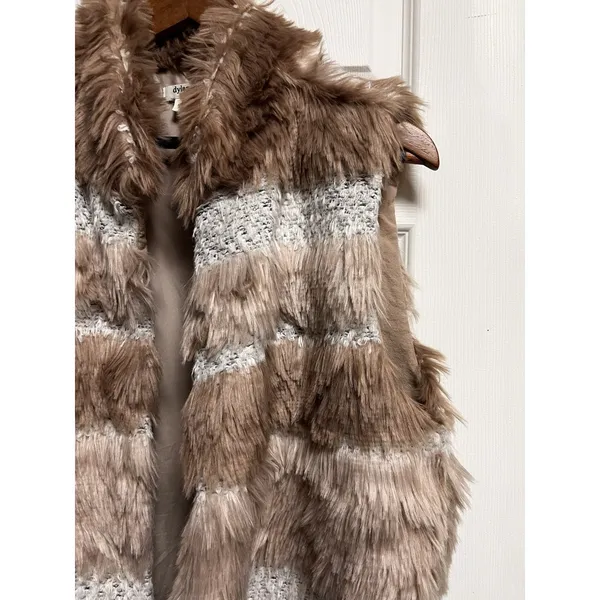 Dylan Women‎ Large Faux Fur Striped Vest Brown Tan Cream Open Front Lined - Image 5