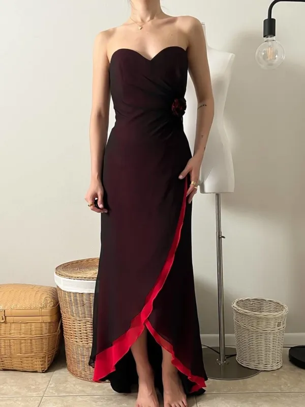 Vintage Cache Black Red Silk Strapless Tulip Hem Floral Beaded Accent Dress Sz10 - Image 2