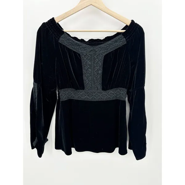 Velvet Lace Trim Peasant Top Black‎ Boho Gothic Romantic Long Sleeve Grunge Sz S - Image 2