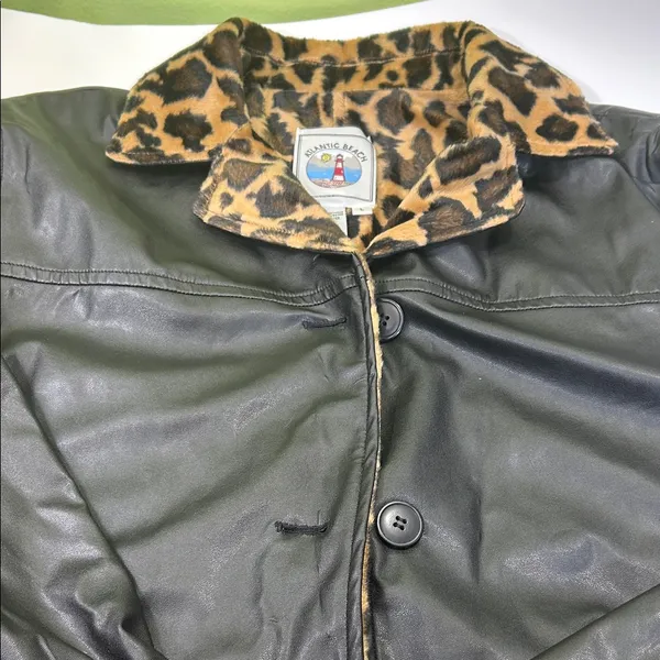 Leopard Print Lined Black Bomber Jacket Size L - Image 7