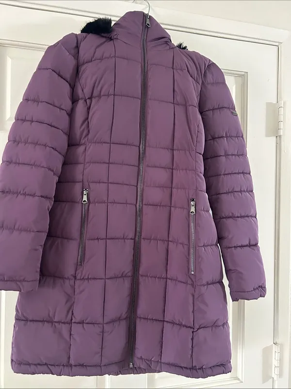 Long Quilted Purple Puffer Coat with Faux Fur Hood - Image 2