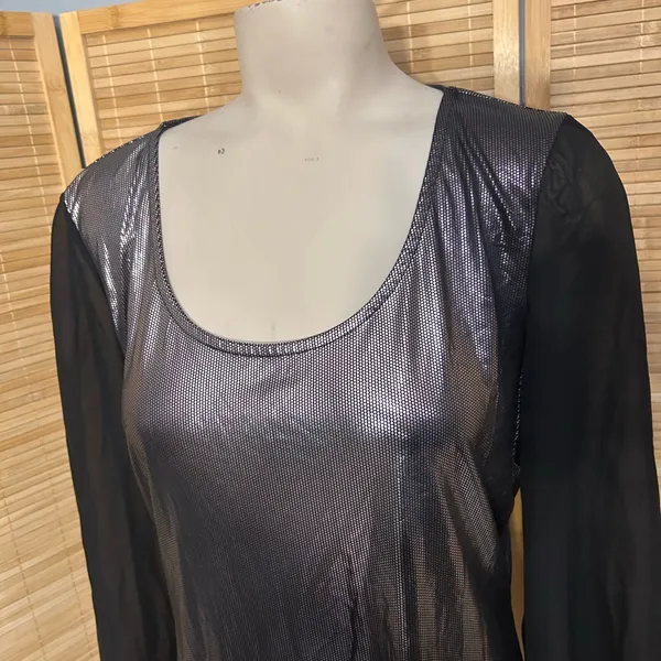 Dots purplish silver metallic blouse sheer black sleeves top shirt woman’s XL - Image 5