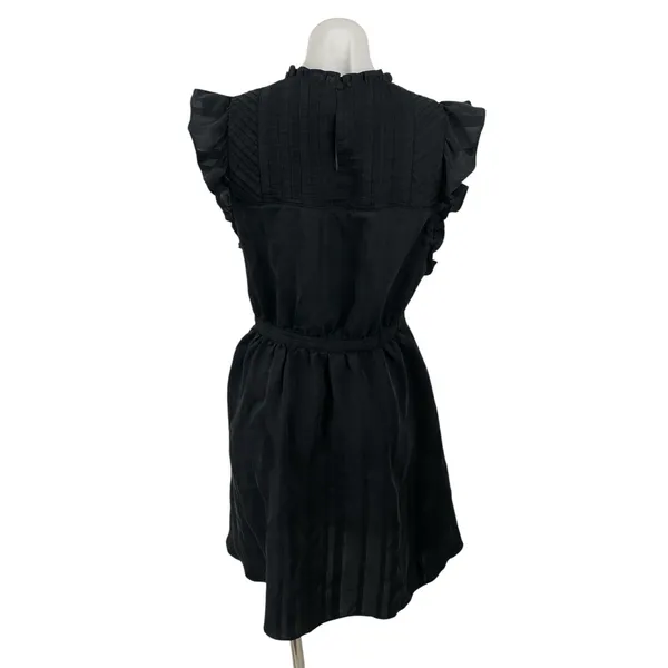 Club Monaco Black Ruffle Sleeve Mock Neck Pintucked Fit & Flare Mini Dress Sz 6 - Image 4