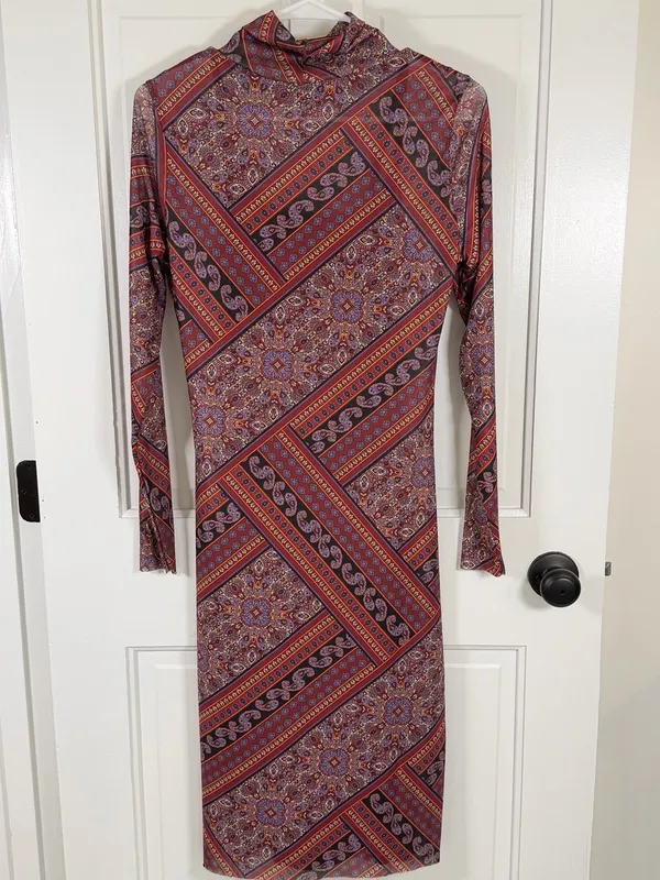 Steve Madden Vivienne Paisley Mesh Turtleneck Midi Dress M - Image 2
