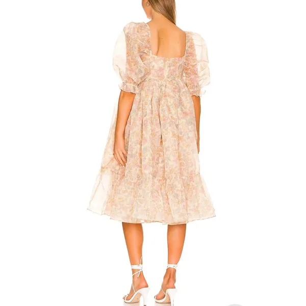 Selkie Hans Christian French Puff Dress‎ Yellow Floral Organza Midi Medium EUC - Image 3