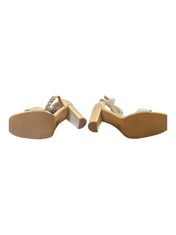 Women's Champagne Satin Block Heel Sandals with Crystal Ankle Strap - Image 4