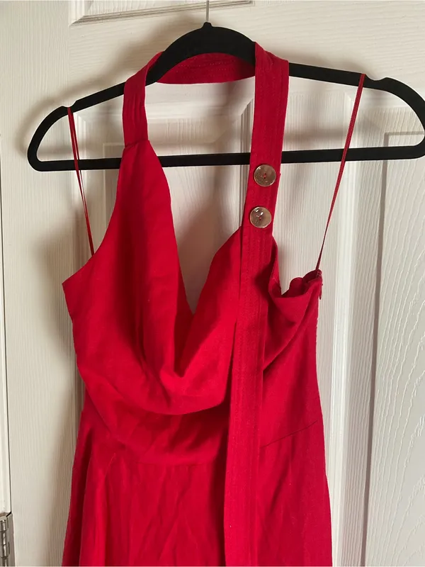 Zara Red Linen Blend Halter Midi Dress Size S Cowl Neck Tortoiseshell Buttons - Image 6
