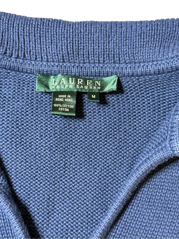 Lauren Ralph Lauren Blue Knit Hoodie Sweater Sz M V-Neck Drawstring Pullover VTG - Image 2