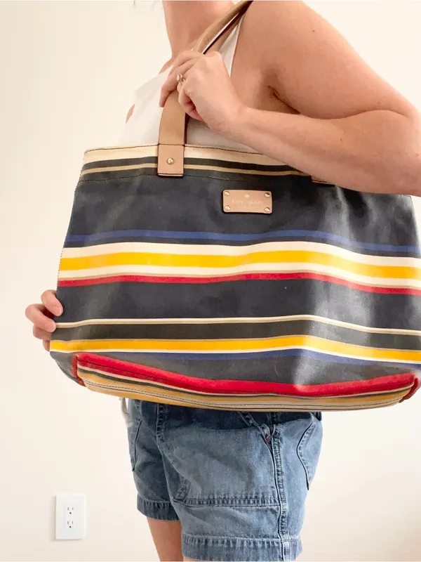 kate spade Navy Multi-Stripe Canvas Tote with Tan Handles - Image 2