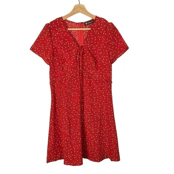 Allegra K Cherry Red Floral‎ Ruffle Trim Short Sleeve Mini Dress S - Image 2