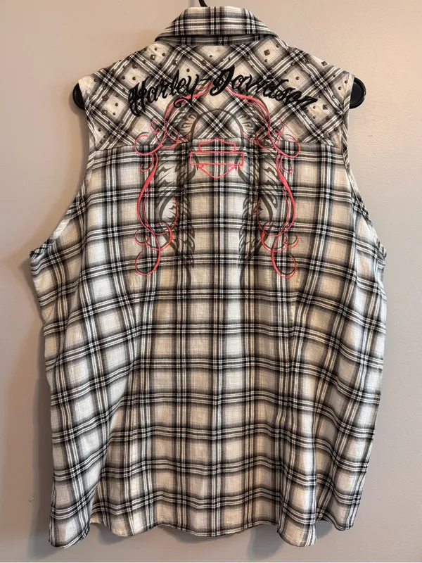 Harley-Davidson Womens 1W Plaid Sleeveless Studded Embroidered Snap‎ Shirt - Image 7