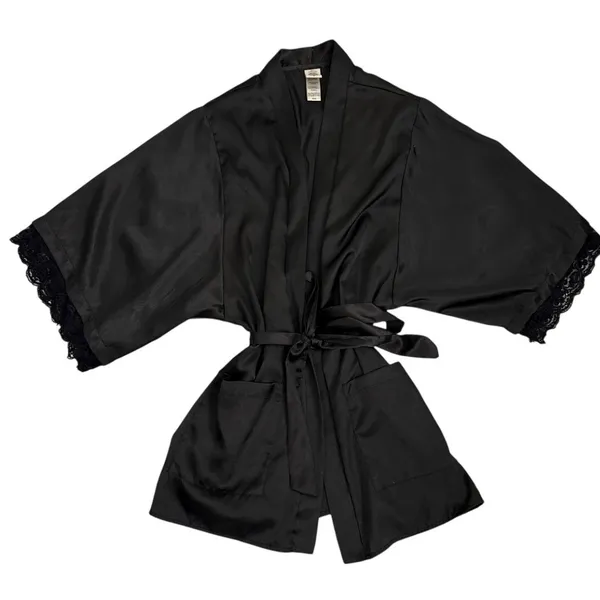 In Bloom by Jonquil Black Satin Tie Front Lace Trim Robe Size Women's Medium - Image 4