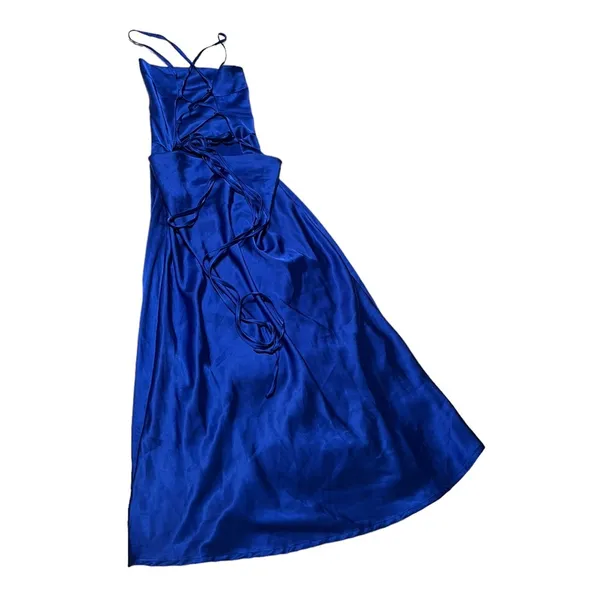 DANIELLE BERNSTEIN Blue Satin Lace Up Midi Dress - Image 8