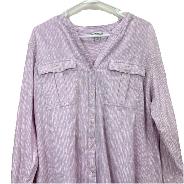 LL Bean Lavender Herringbone Organic Cotton Button Up Hi Low Shirt‎ Size XL - Image 5