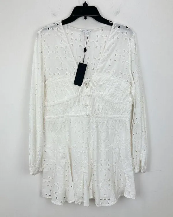 Gianni Bini Katrina Eyelet Mini Dress Cotton Long Sleeve A Line White Large NWT - Image 3