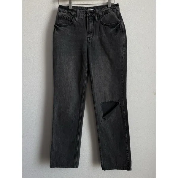 Good American Good‎ 90s Chic Relaxed Jeans Washed Black Single Knee Slash 2/26 - Image 4