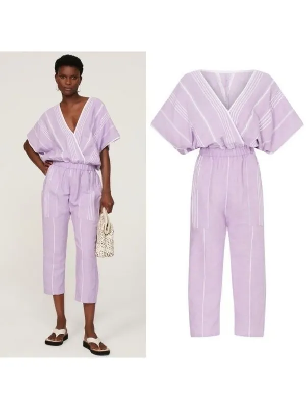 Paradised Merri Wrap Effect Stripe Jumpsuit XS Purple Beach Coverup Cotton - Image 2