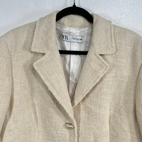 ZARA Textured‎ Cotton Tweed Blazer Jacket Ecru Cream Ivory XL Fully Lined Boho - Image 5