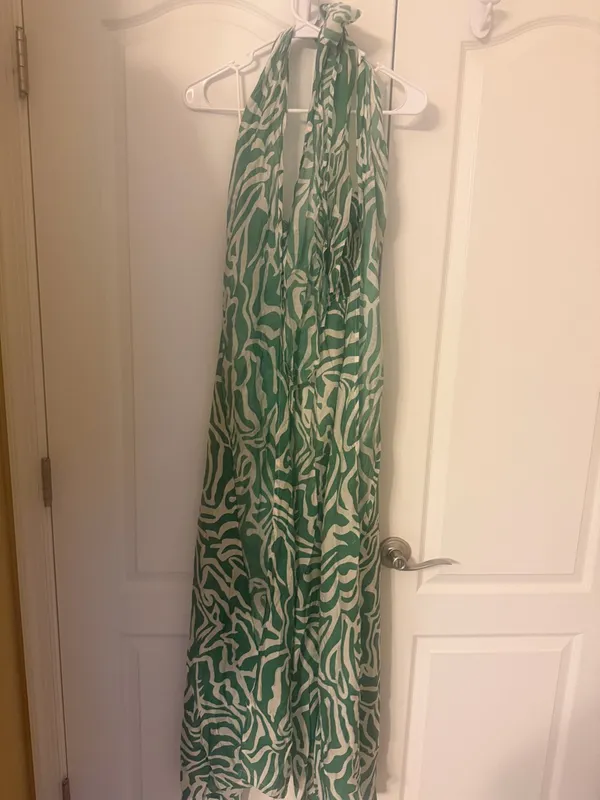 Very Classy Green Zebra-Print Halter Wide-Leg back less Jumpsuit by Lime Lush! - Image 5