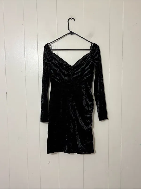 Sherri Hill Black Crushed Velvet Off Shoulder Mini Dress 6 Long Sleeve Cocktail - Image 9